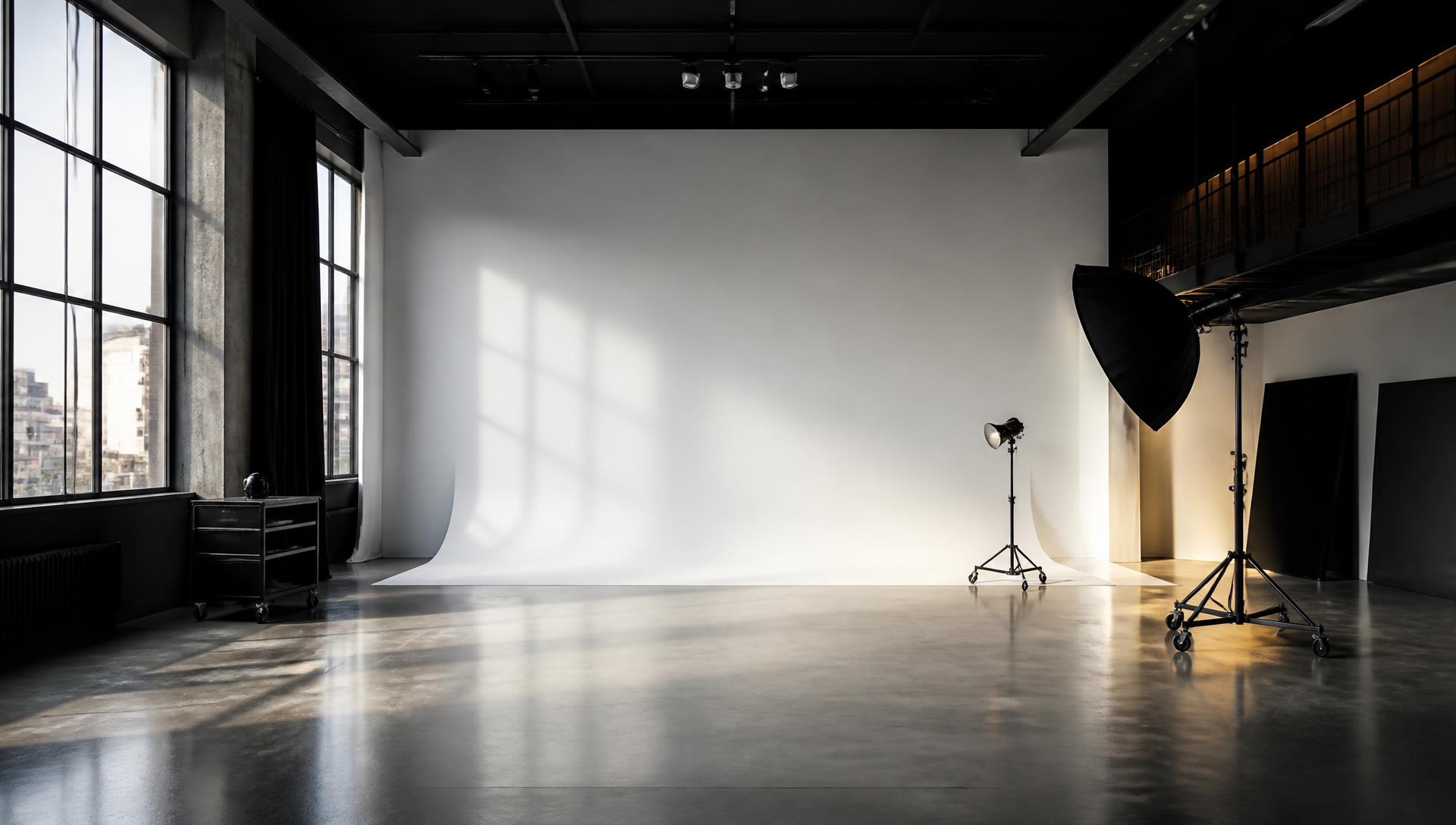Empty luxury photography studio with a white cyclorama wall and professional lighting
