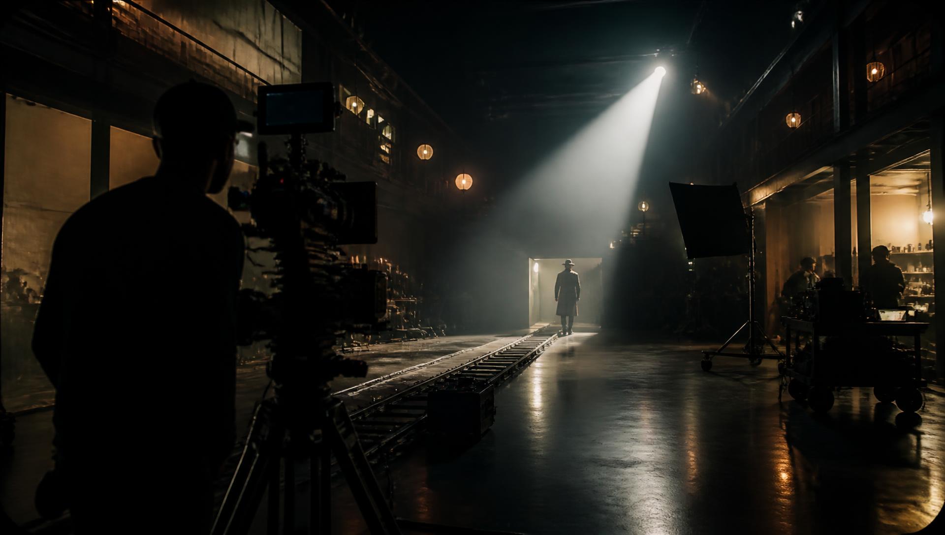 Cinematic film studio set with dramatic lighting